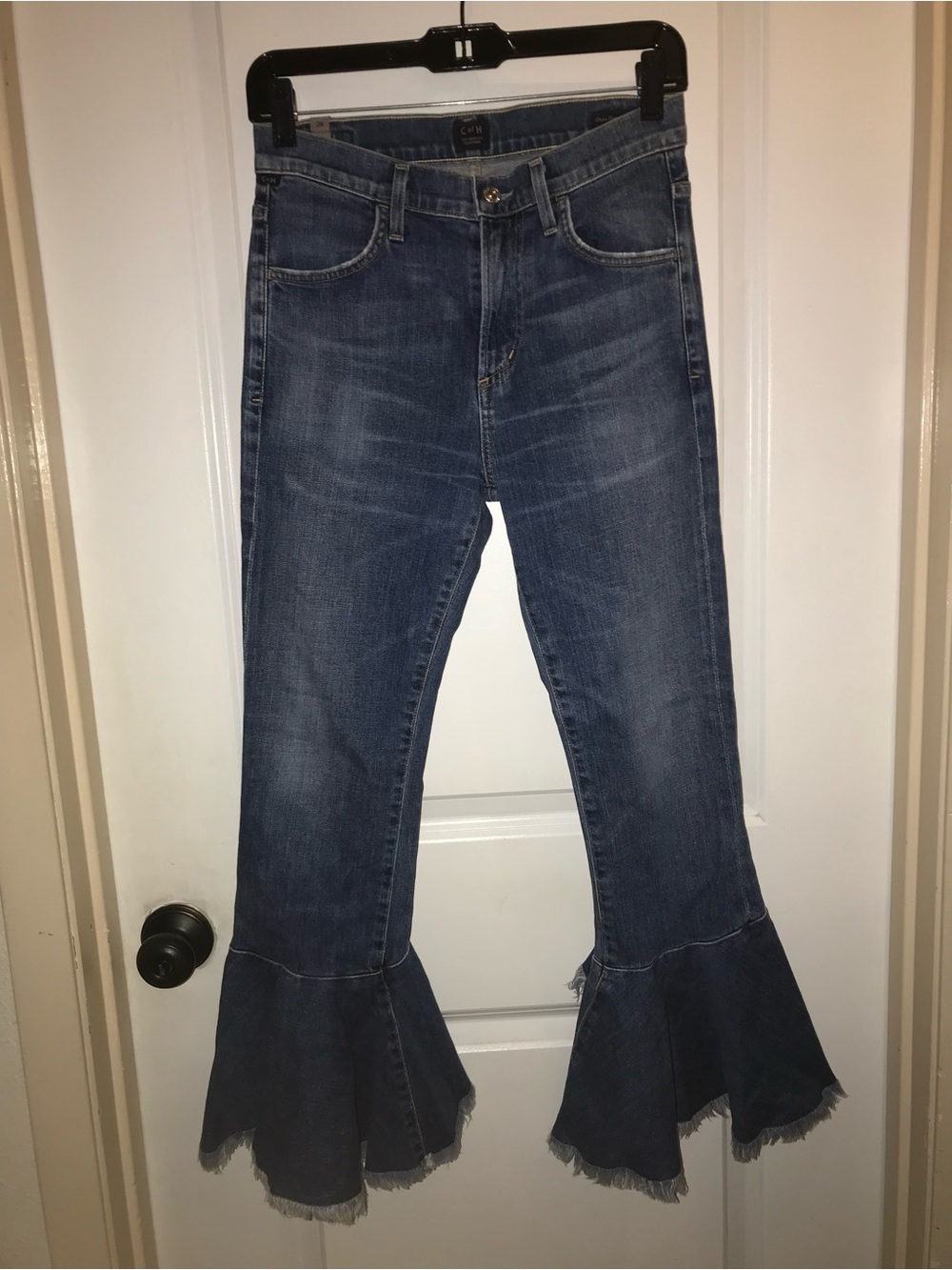 Citizens of humanity women flare raw hem blue high rise distressed jeans